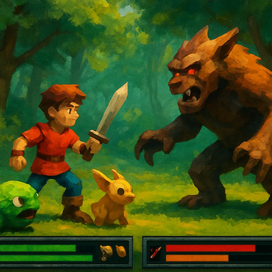 Low-poly 1998 PlayStation RPG battle scene with a keeper and monsters facing a wild creature in a forest