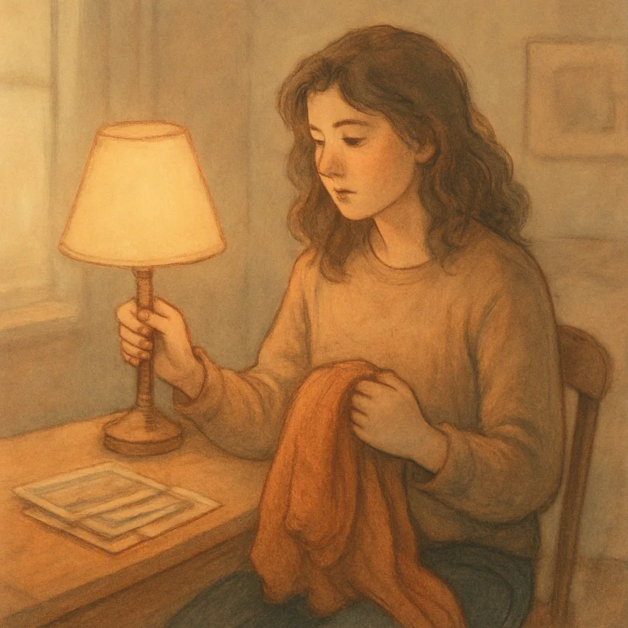 A person holding a lamp and a sweater while looking at postcards on a table.