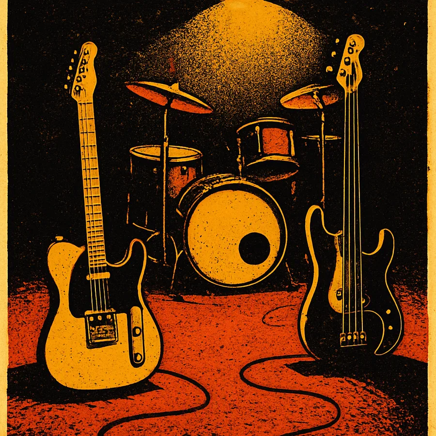 A 1970s recording studio with a Telecaster guitar, bass guitar, and drum kit in warm light.