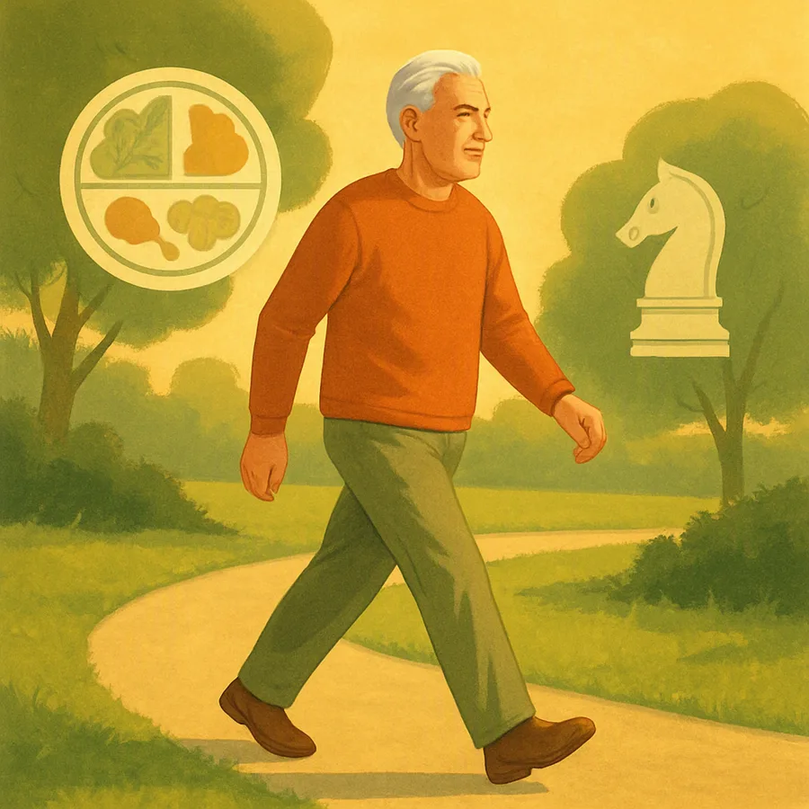 Older adult walking on a park path with faint icons of a meal plate and a chess piece beside them