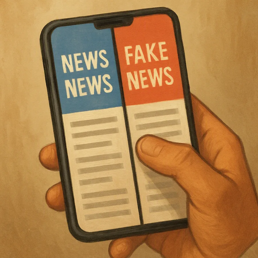 Two smartphones side by side showing conflicting news headlines on their screens, with a hand hovering above them