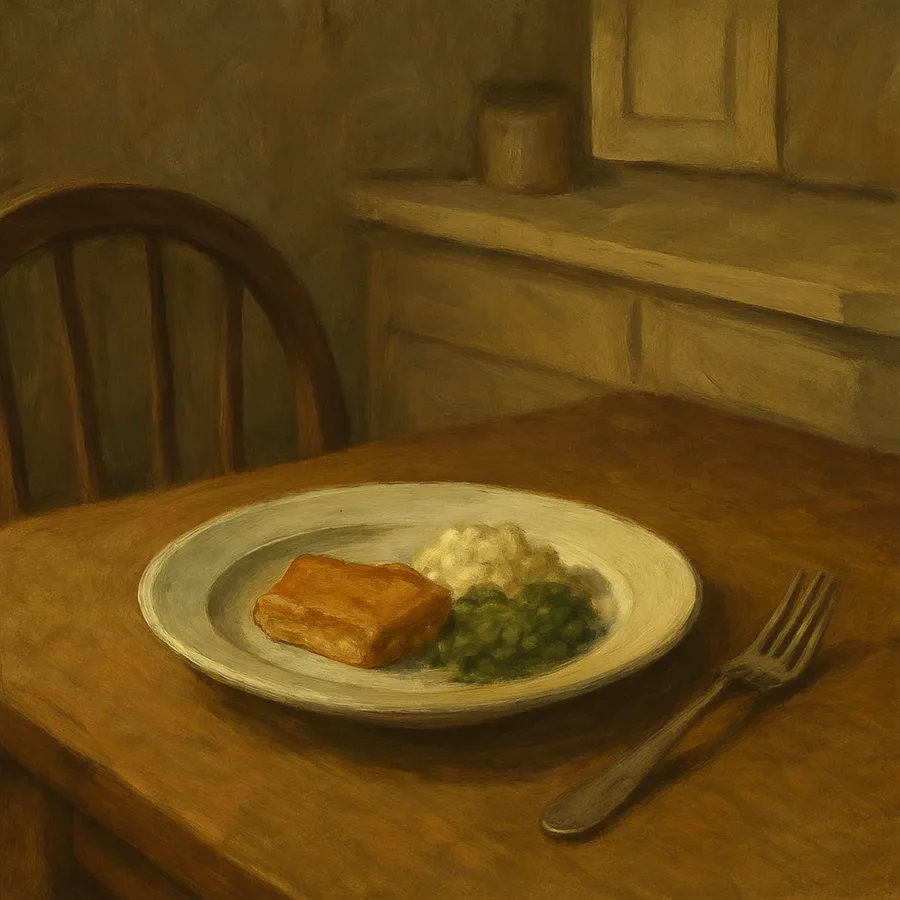 A single set plate with a fork and a chair at a kitchen table under warm lamplight
