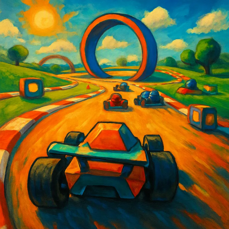 Low-polygon kart racer driving on a bright, toy-like circuit on a sunny afternoon