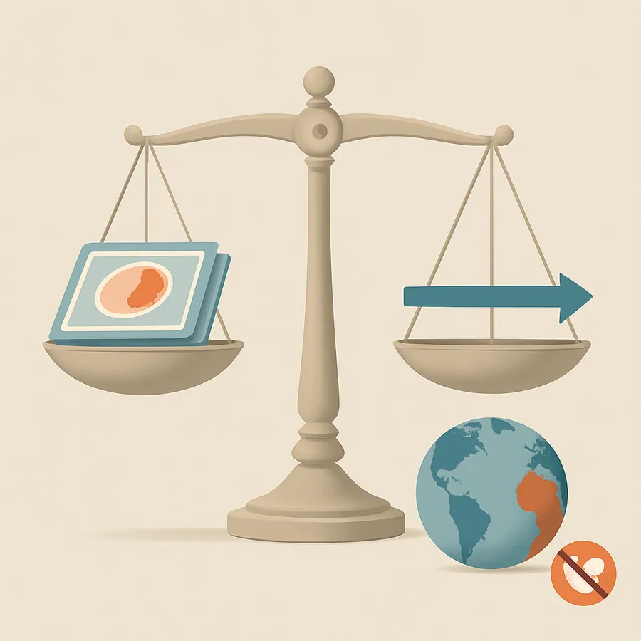 Scale comparing cross-sectional snapshots with longitudinal evidence, plus a globe and crossed-out heart