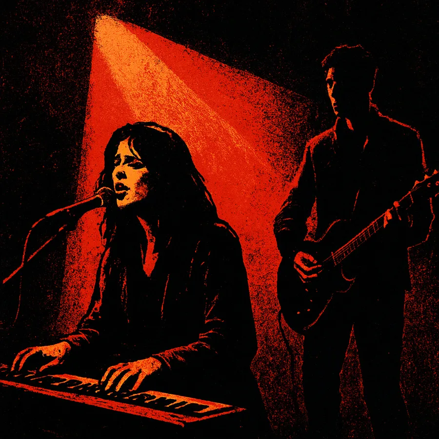 Early 1990s color photo of a keyboardist and vocalist performing with a guitarist in a spacious studio setting