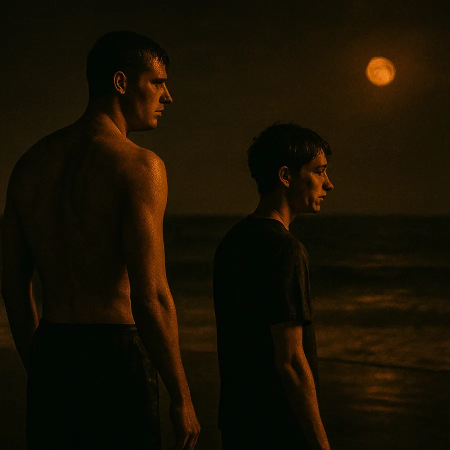 Two young men standing soaked on a dark beach at night facing the ocean
