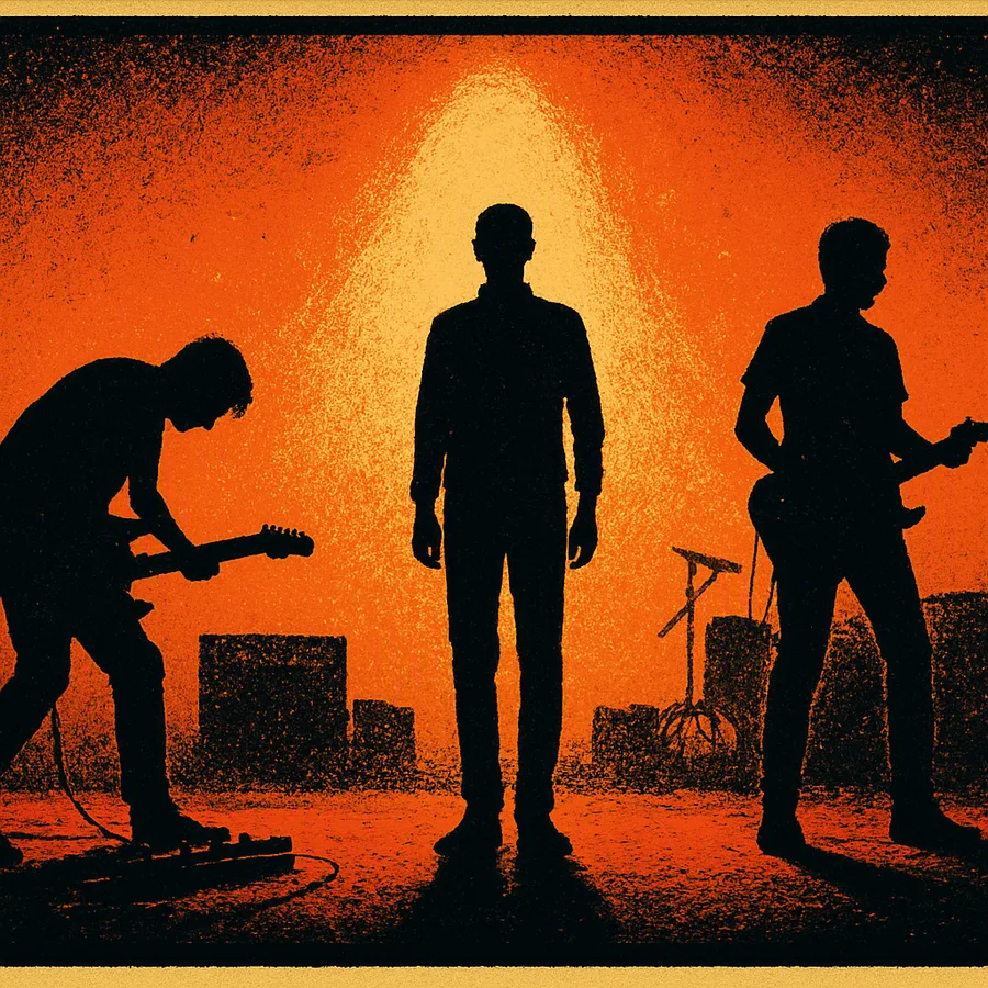 Sonic Youth performing on a large concert stage with one guitarist at a pedalboard