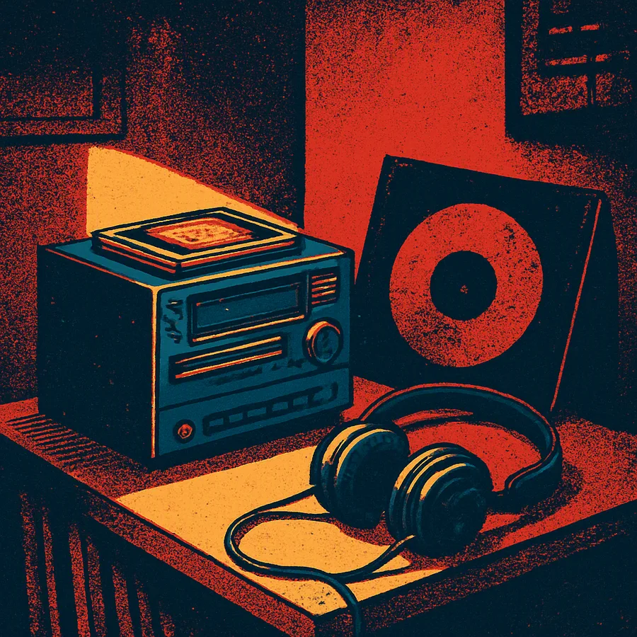 1990s stereo with CD case, wired headphones and a vinyl record in a bedroom, magazine still-life style.