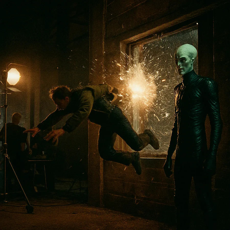 Stuntman, der mit Squibs auf einem Low-Budget-Sci-Fi-Set durch ein Bruchfenster geworfen wird