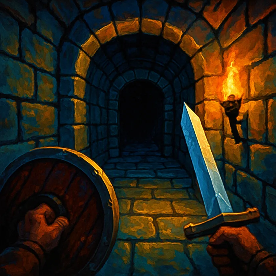 First-person view down a dim stone corridor in a low-poly 1994 PlayStation dungeon.