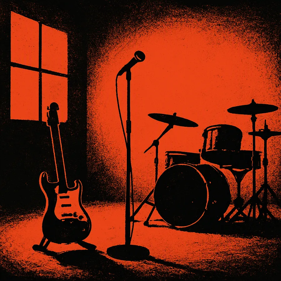 A sparse studio room with a guitar, brushed drum kit and a lone microphone, wide empty space between them.