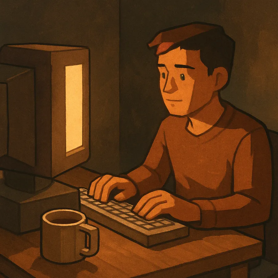 Uma pessoa em uma mesa digitando em um teclado, com uma xícara de chá e uma tela acesa, em um quarto escuro.
