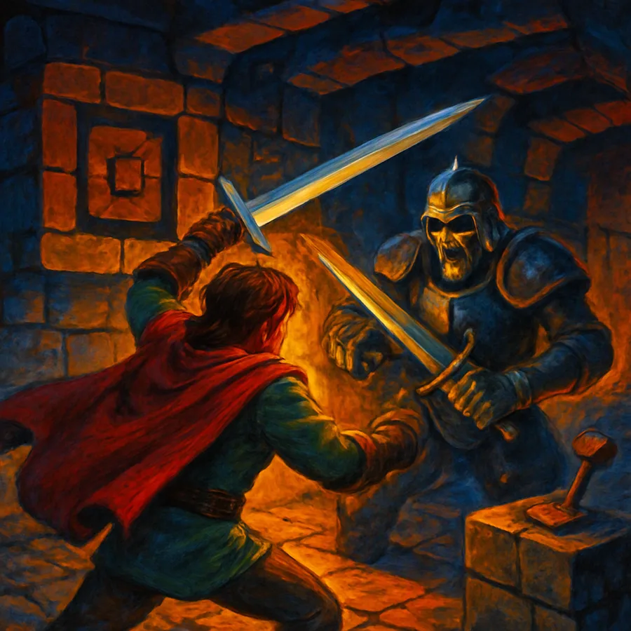 Imagem de gameplay de um menino lutando contra um monstro em uma masmorra com um puzzle de blocos, de um RPG de ação de PlayStation.
