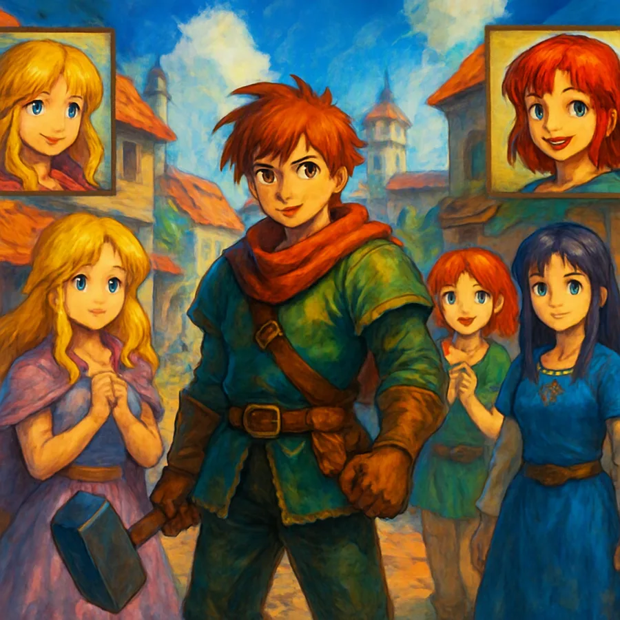 Sprite de um jovem ferreiro e seu grupo em uma cidade de fantasia colorida, com retratos de personagens em estilo anime