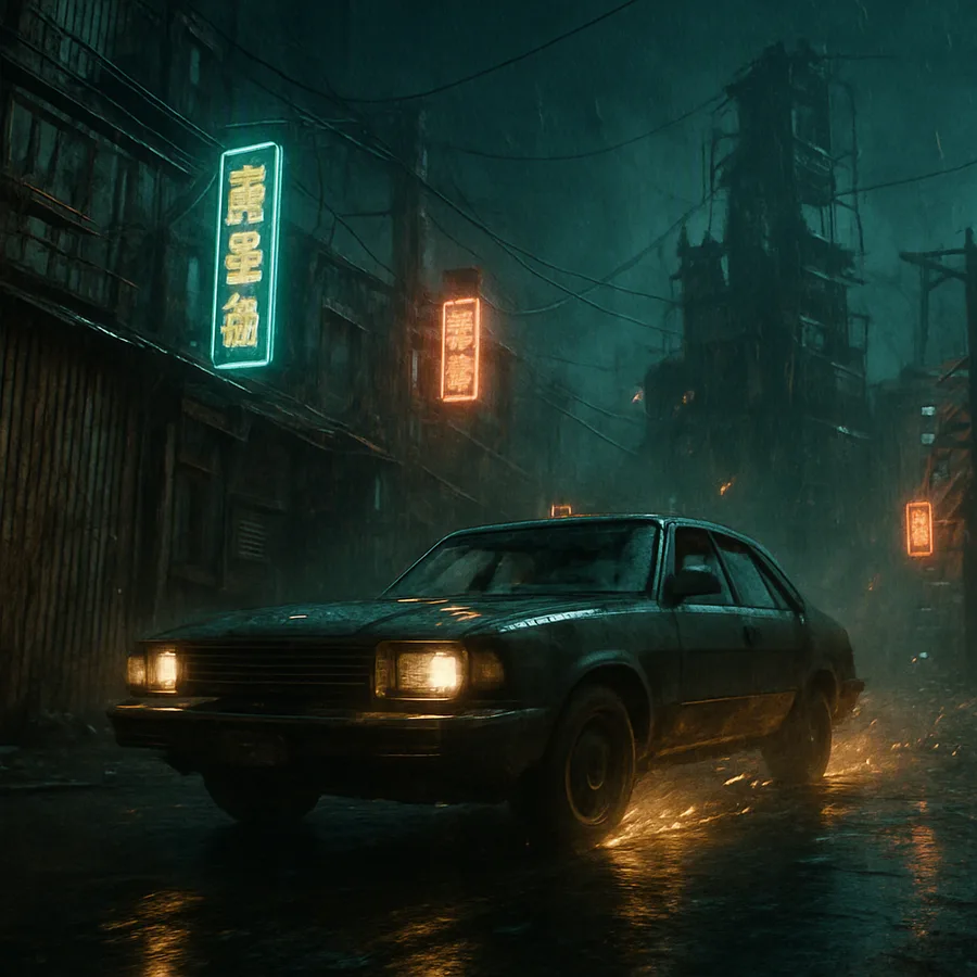 Uma rua de uma futurística cidade enferrujada e molhada pela chuva, construída de sucata e neon, com um carro colidindo durante uma perseguição