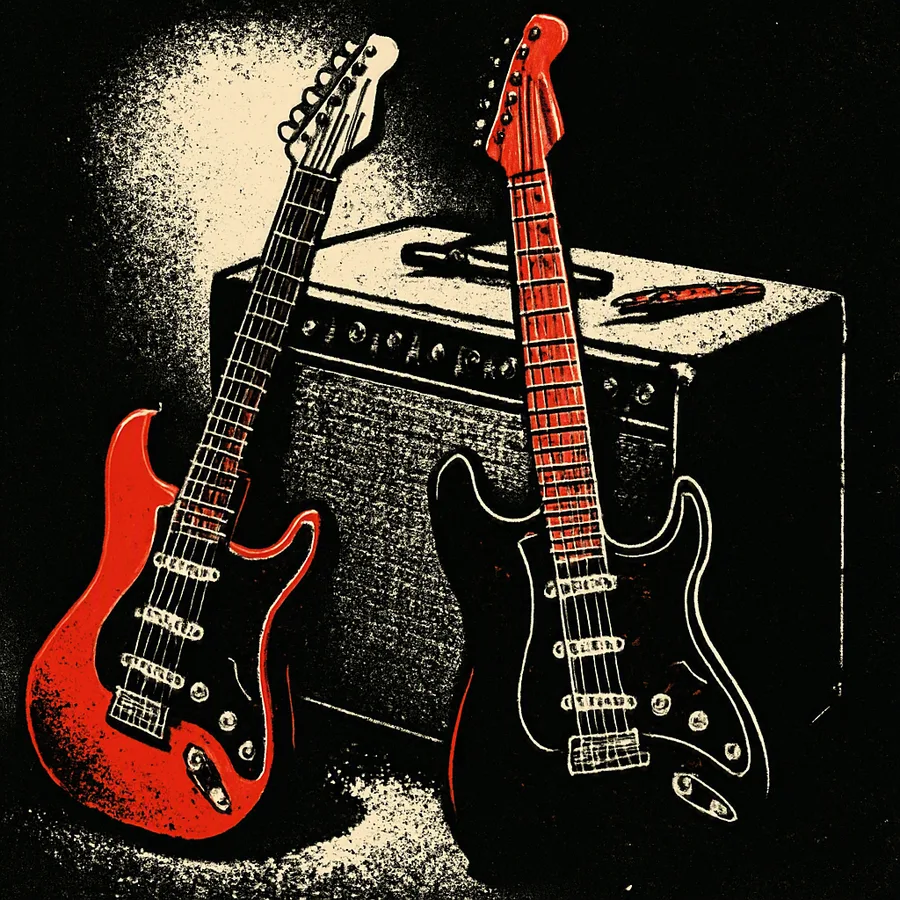 Two electric guitars restrung into nonstandard tunings lean against an amplifier in a rehearsal room