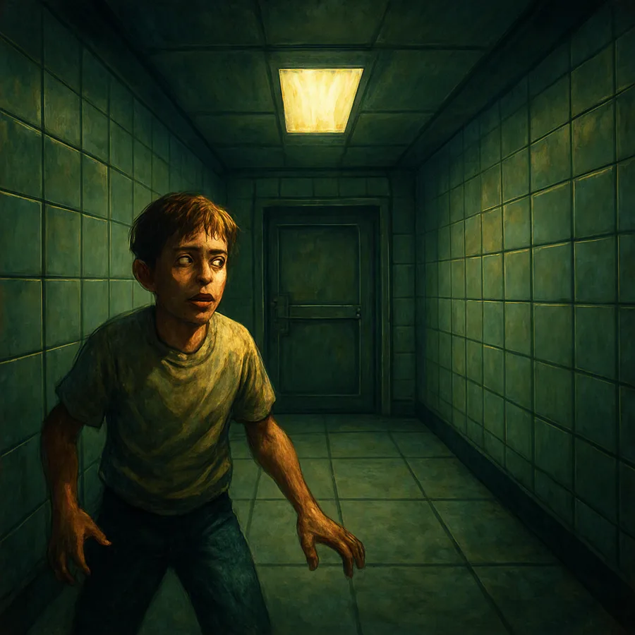 Um garoto assustado parado sozinho em um corredor frio de laboratório, renderizado como um jogo de terror de PlayStation de 1999