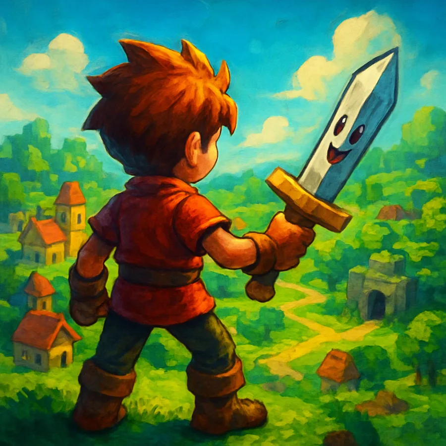 Screenshot eines 3D-PlayStation-Spiels, das eine Jungenfigur in einem farbenfrohen, klobigen Außenbereich mit einem Wald und einer Stadt in der Ferne zeigt.