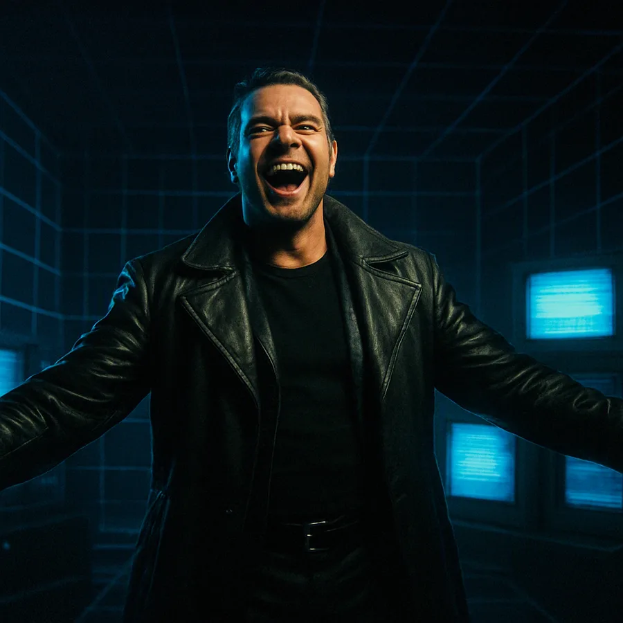 Russell Crowe as Sid 6.7 laughing theatrically in front of glowing computer grids