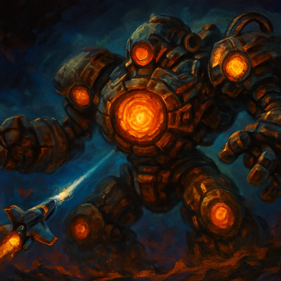 A large mechanical boss with glowing weak points is attacked by the player's spaceship.