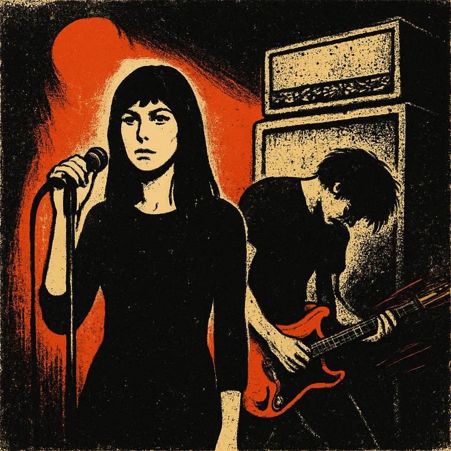 Kim Gordon standing still at a microphone on a small club stage while a guitarist plays beside her