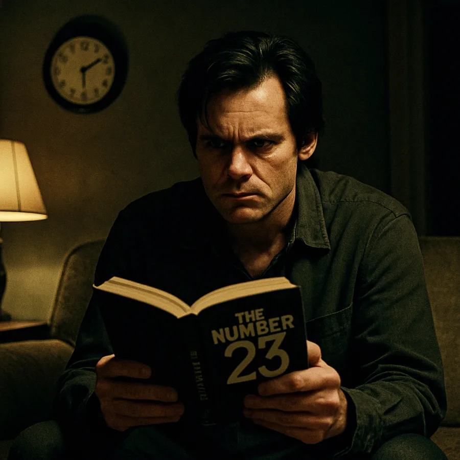 Walter Sparrow liest in einem schwach beleuchteten Wohnzimmer ein Buch mit dem Titel „Die Zahl 23“, während eine Uhr 23 Minuten nach der vollen Stunde anzeigt.