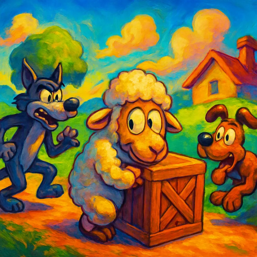 Screenshot eines Schafs, das sich hinter einer Kiste versteckt, während ein Wolf in einem bunten Cartoon-Level sucht.