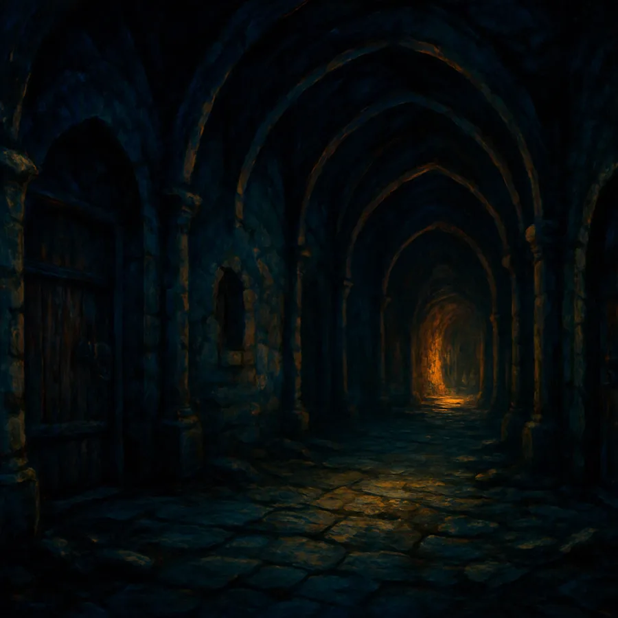 Dark corridor inside a decaying Welsh monastery from a 1999 PlayStation horror RPG.