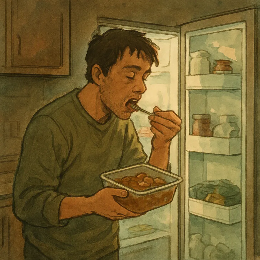 A person eating leftovers from a container while standing at an open refrigerator in a dim kitchen
