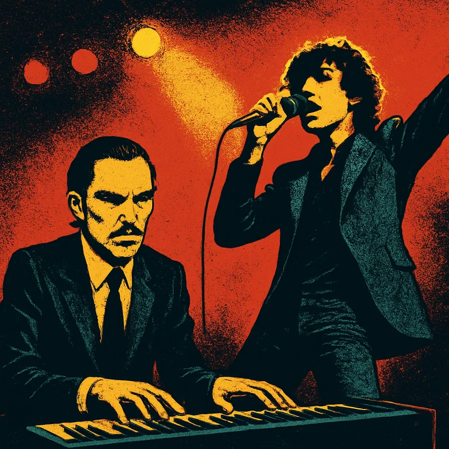 Ron Mael carrancudo em um teclado e Russell Mael cantando no palco durante um show do Sparks nos anos 1970.