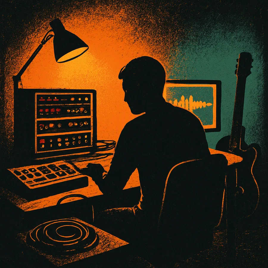 A dim home studio with a sampler, rack gear, a monitor showing a waveform and a guitar against the wall.