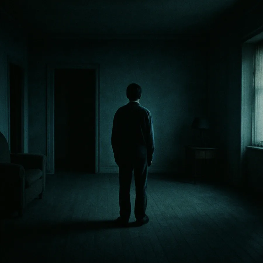 A character stands in a large, cold-colored room, with the camera drifting to create a sense of unease.