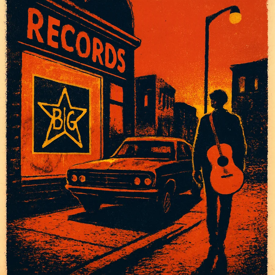 1970s Memphis street with a record store and a man with a guitar at dusk.