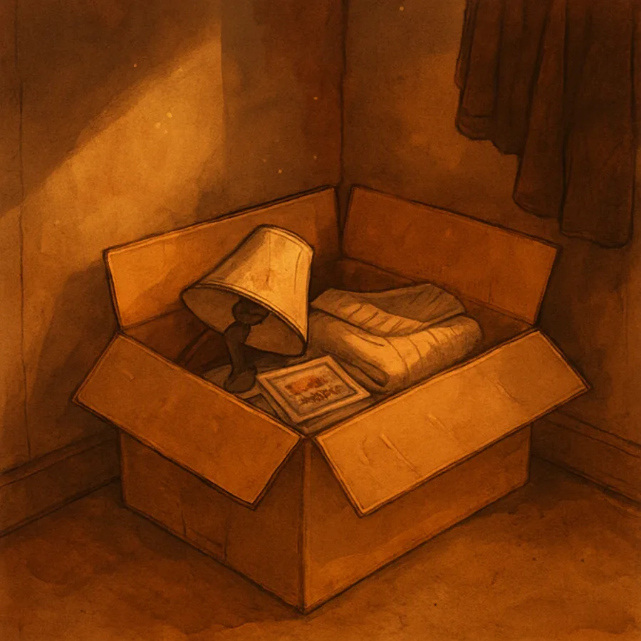 A cardboard box in a closet containing a broken lamp, postcards, and a sweater.