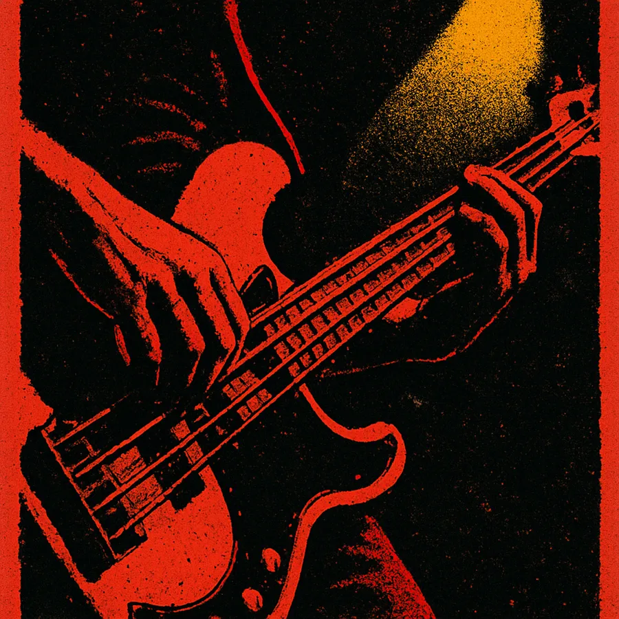 Close-up of a bass guitar being played on a dimly lit stage.