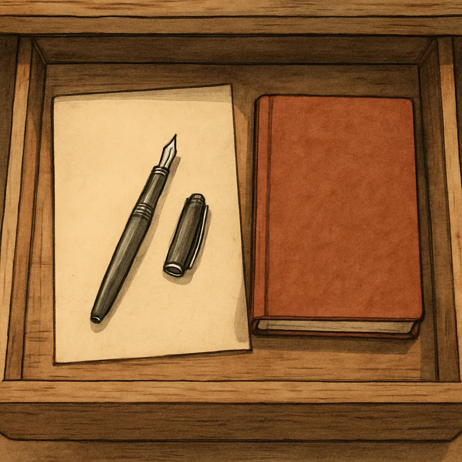 An open drawer holding a clean fountain pen on blank paper next to a closed journal.