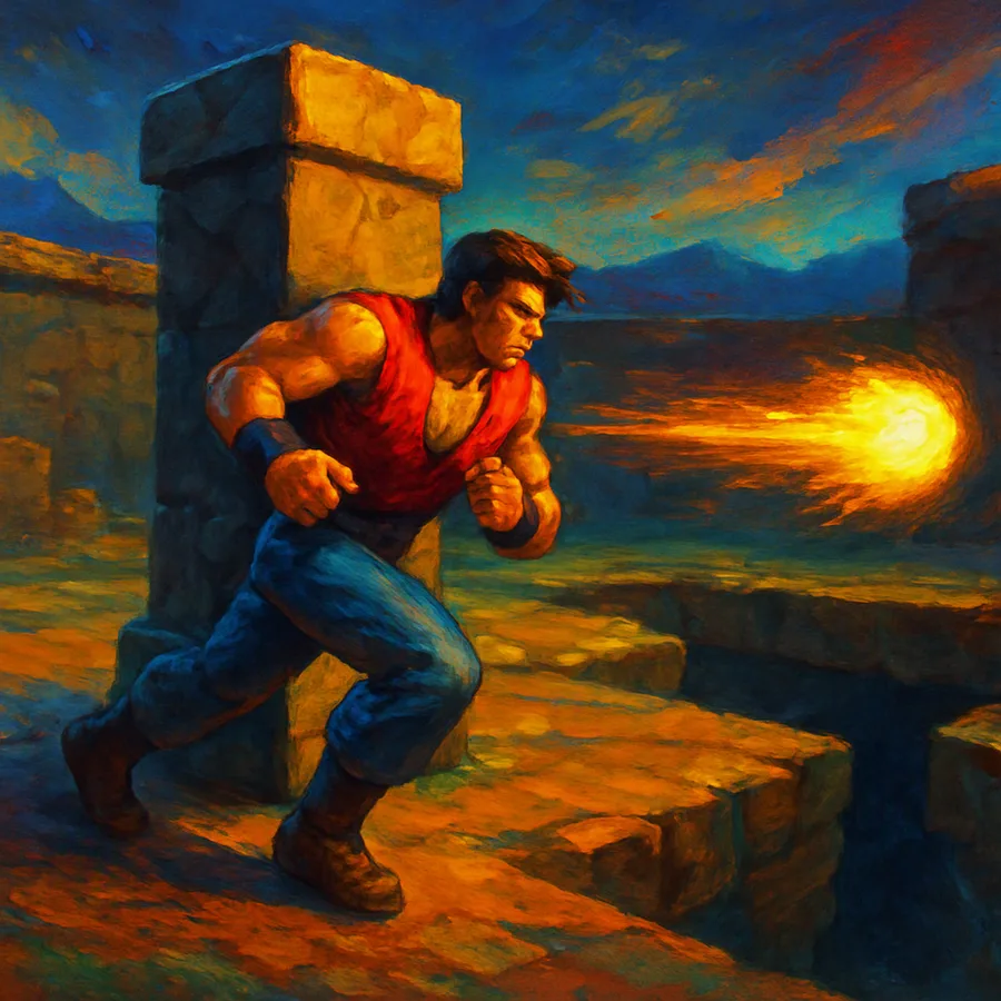 Polygonal fighter taking cover behind a pillar while a projectile flies past in a 3D arena