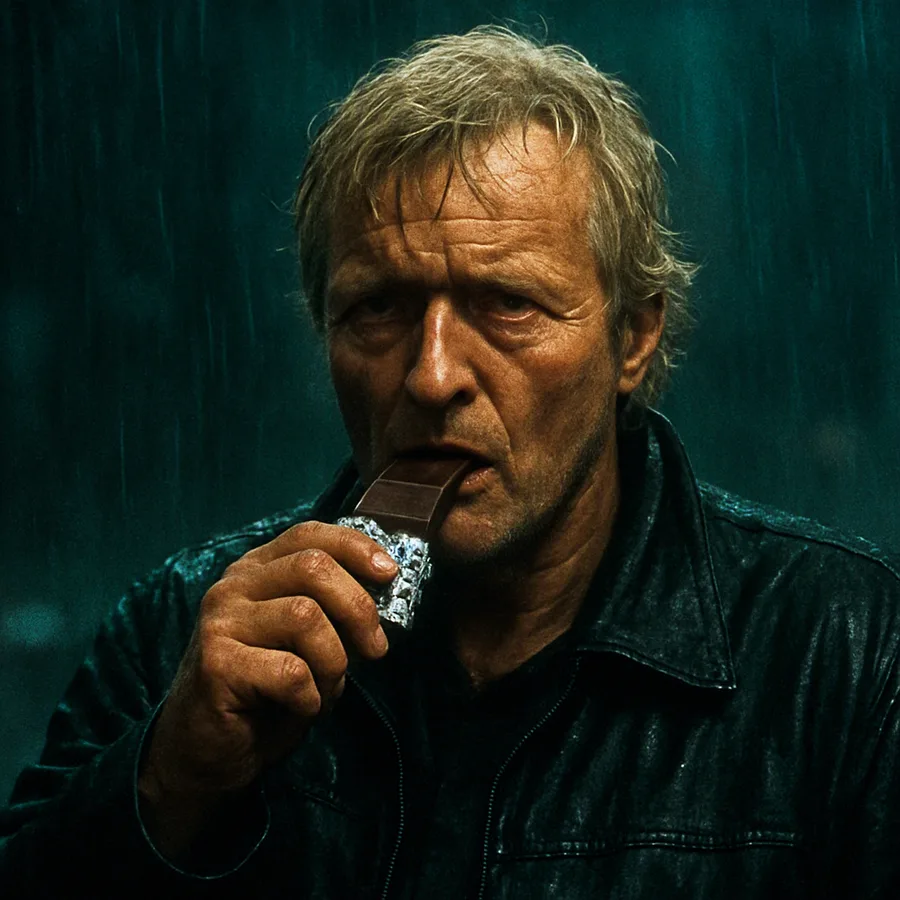 Rutger Hauer as Detective Harley Stone eating a chocolate bar, looking burnt-out in a dark, rain-soaked setting.
