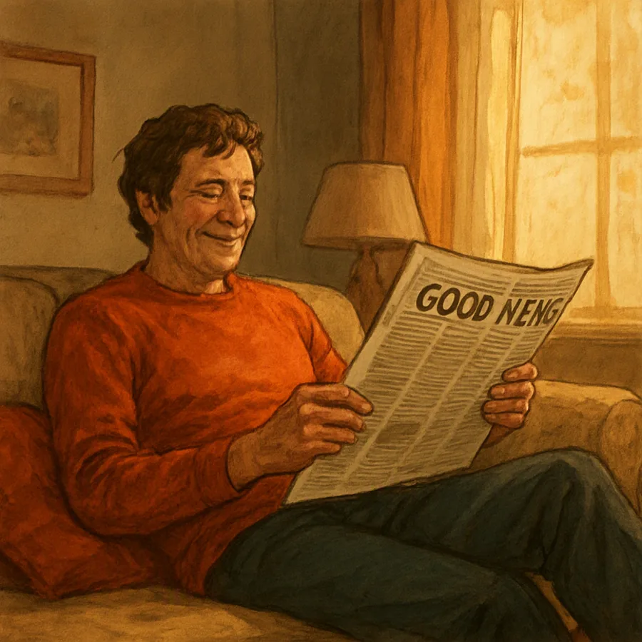 A person relaxing on a sofa while reading a newspaper that confirms their views, with sunlight illuminating the scene