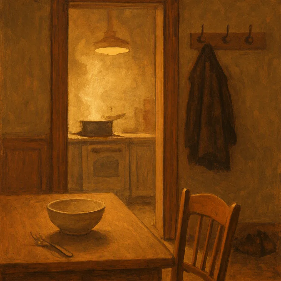 A kitchen seen from a hallway with steam rising from a pot and a bowl on the table