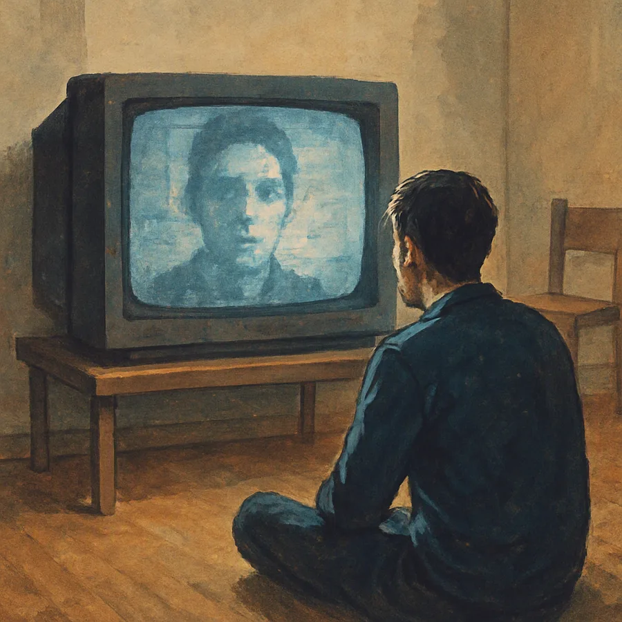 A person sitting alone in a room, looking at a TV screen showing a distorted face.