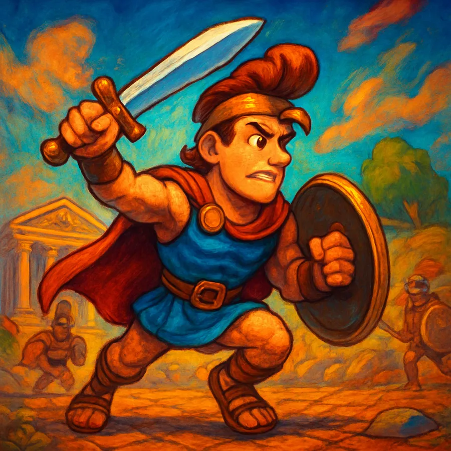 A top-down view of a cartoon hero in a colorful ancient Greek landscape with mythological enemies.