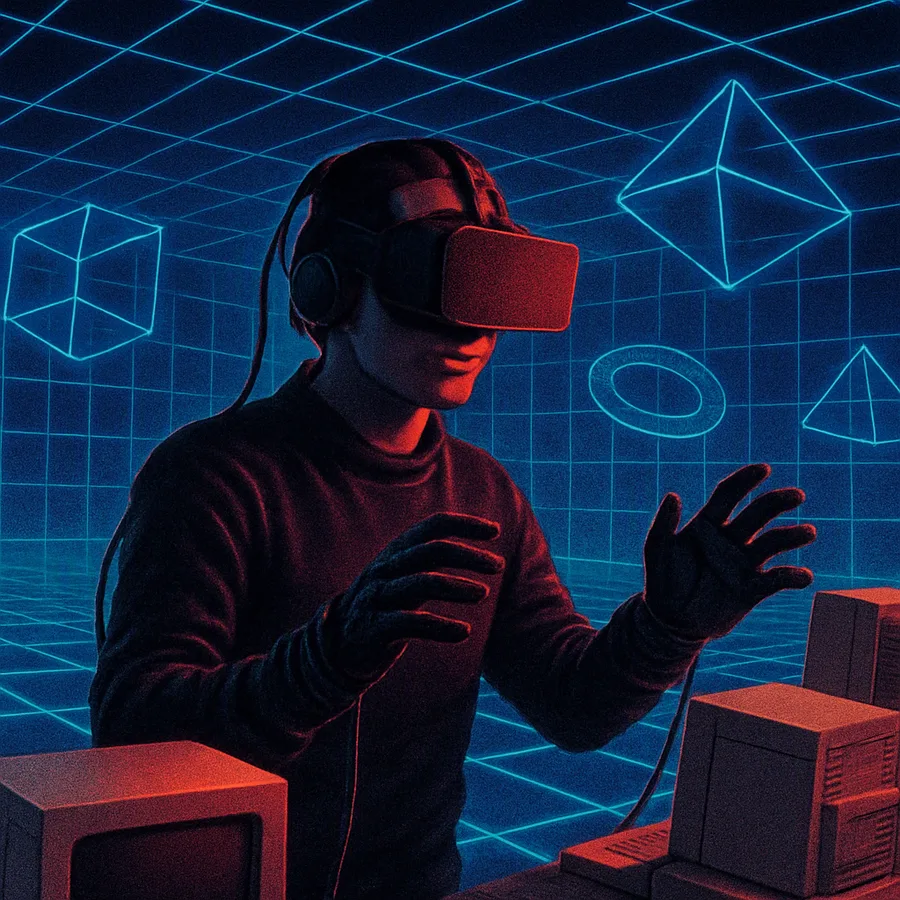 A figure in a bulky VR headset and gloves inside a glowing wireframe cyberspace grid
