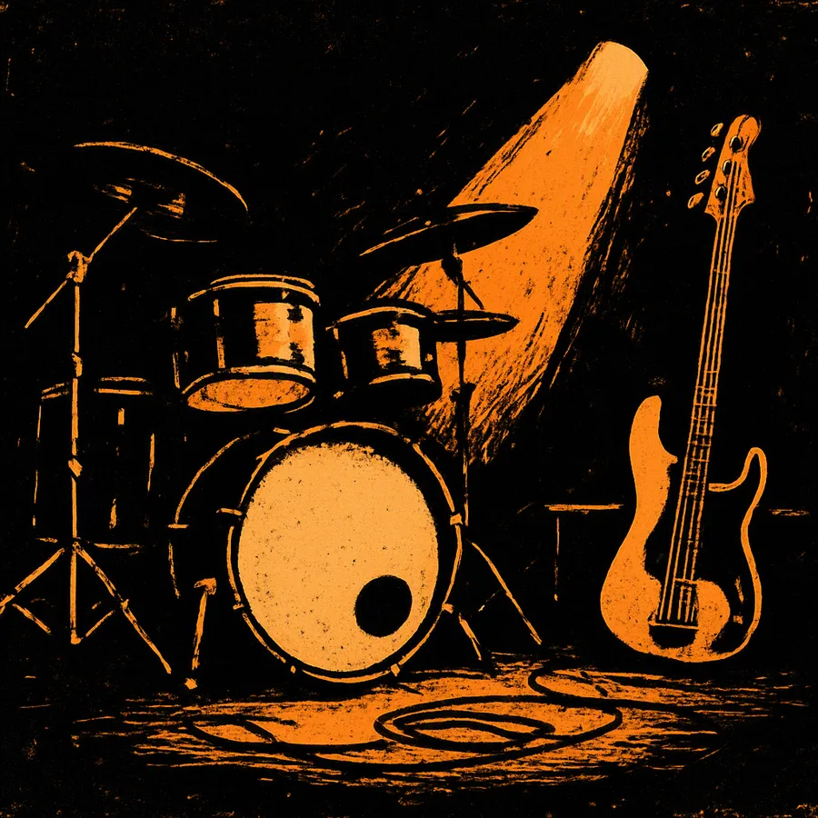 A drum kit and bass guitar on a small club stage