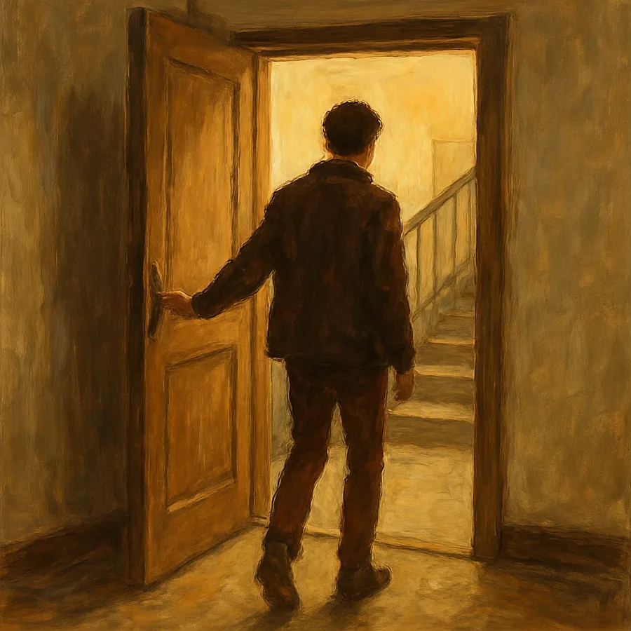 A person paused with a hand on an open apartment door, seen from behind, facing a stairwell.