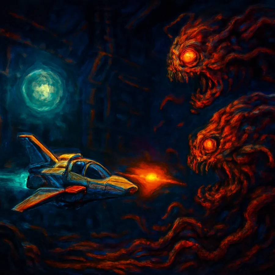 Side-scrolling shooter gameplay showing a starfighter with a Force orb facing organic alien enemies in a dark industrial level