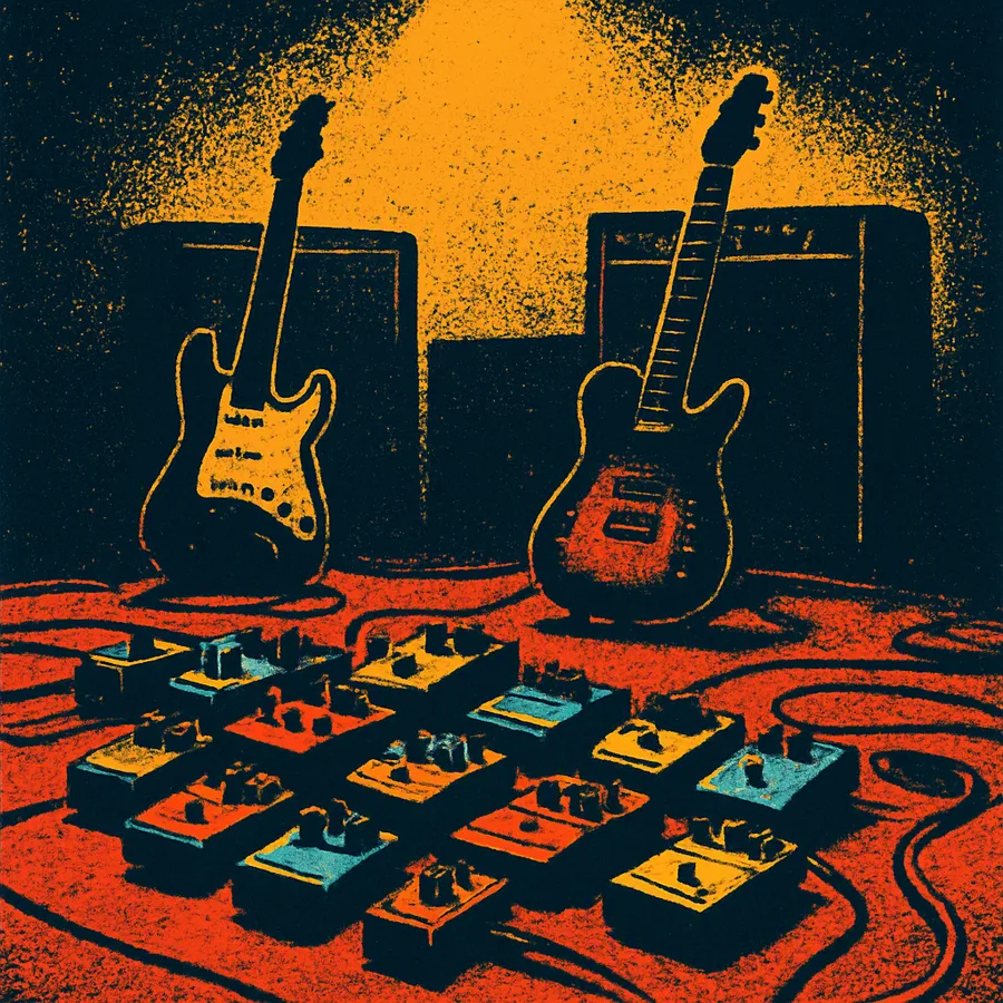 Reihen von Gitarreneffektpedalen und Kabeln auf einem Bühnenboden unter Gitarren und leuchtenden Verstärkern