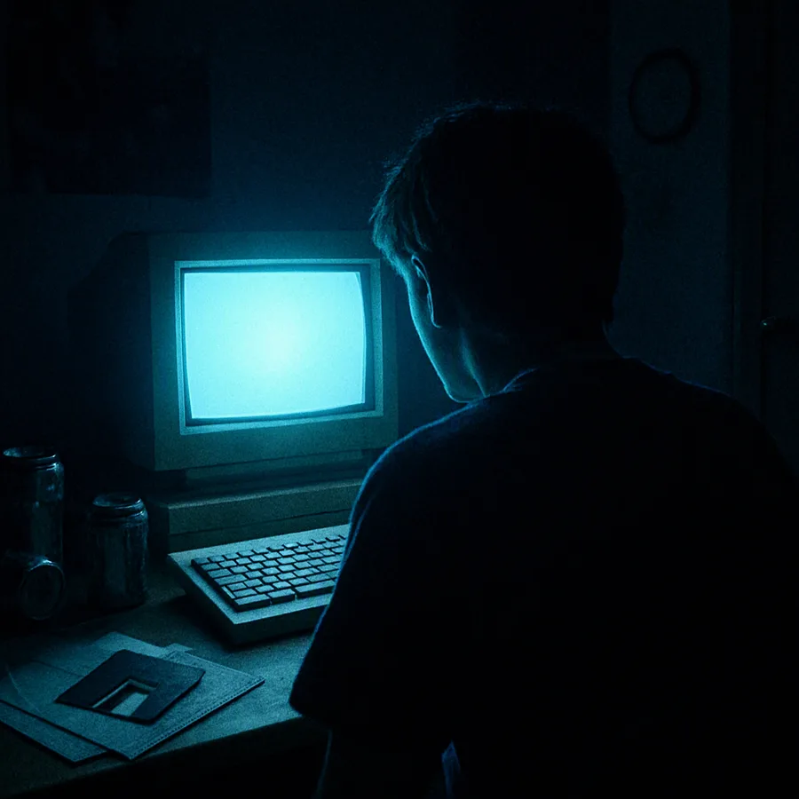 A teenage boy sits alone at a CRT computer in a dark 1990s bedroom, a floppy disc beside the keyboard.