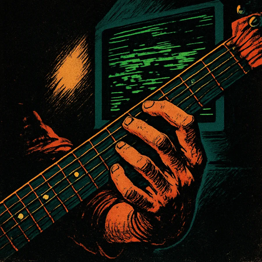 Guitarist's hands playing dissonant riffs on a guitar, with a glitching computer screen overlay