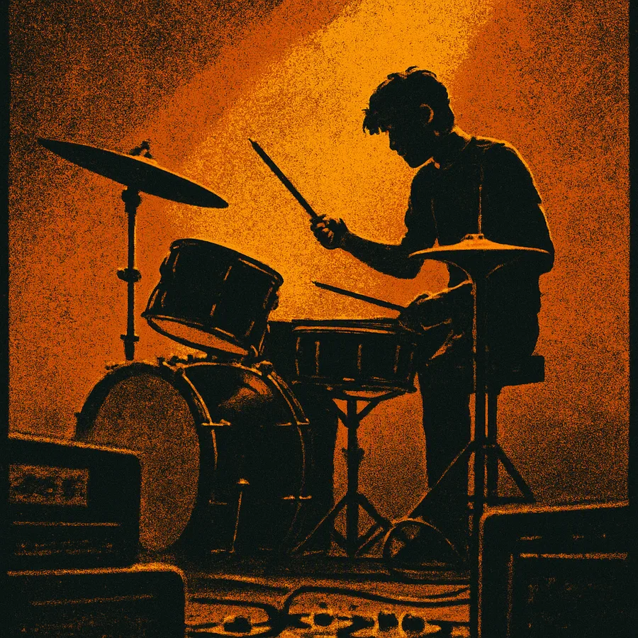 Drummer playing a simple heavy-snare pattern behind a four-piece kit, with guitar amps blurred in front.